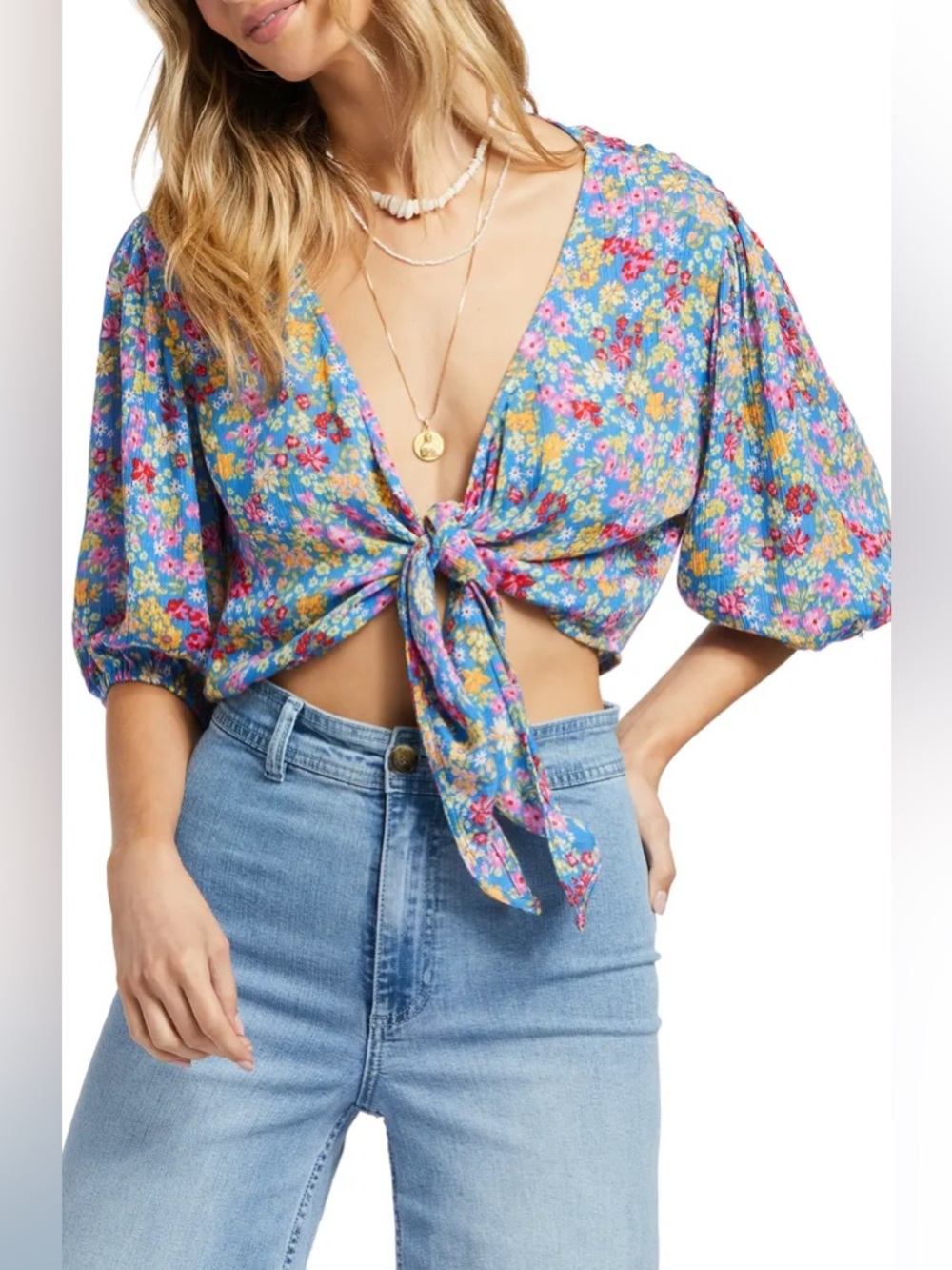 Billabong As You Wish Floral Tie Front Top